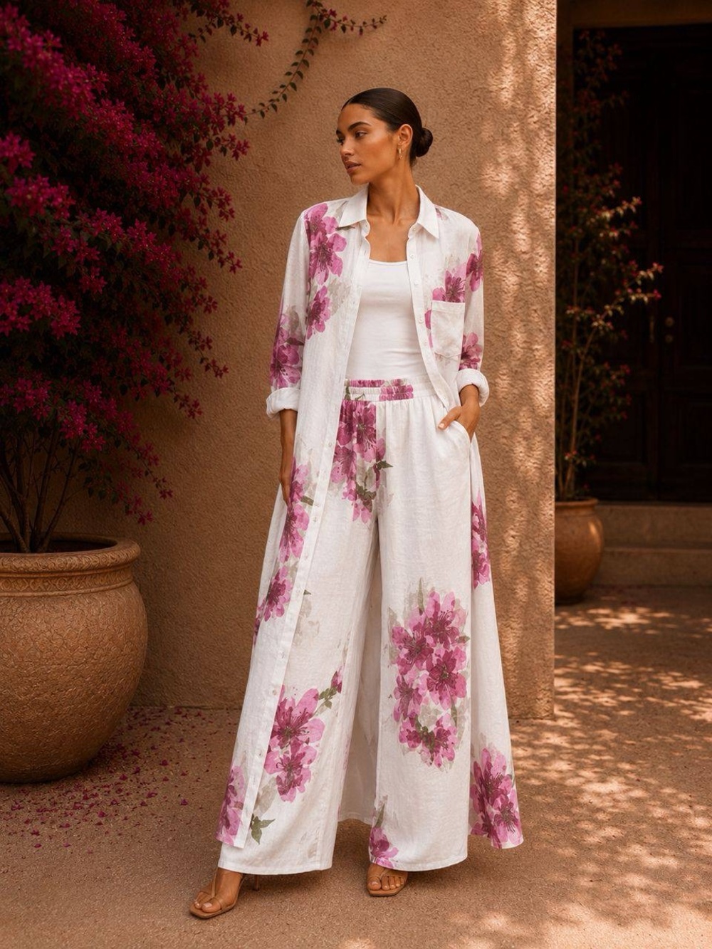 🇮🇹🇮🇹🇮🇹🇮🇹Women's White Floral Wide-Leg Pants & Duster Set - Pink Floral